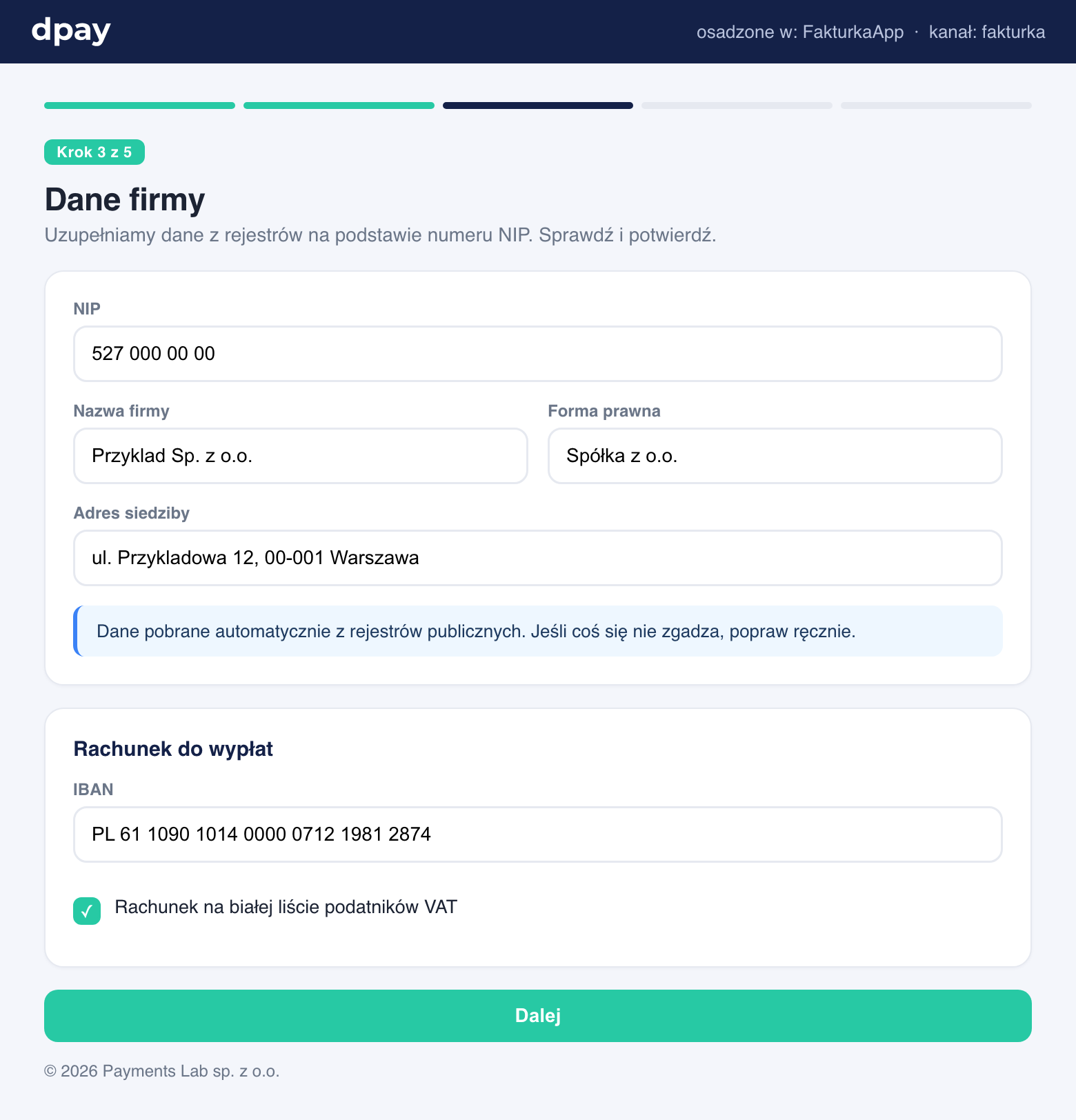 Widżet onboardingu dpay osadzony w produkcie partnera